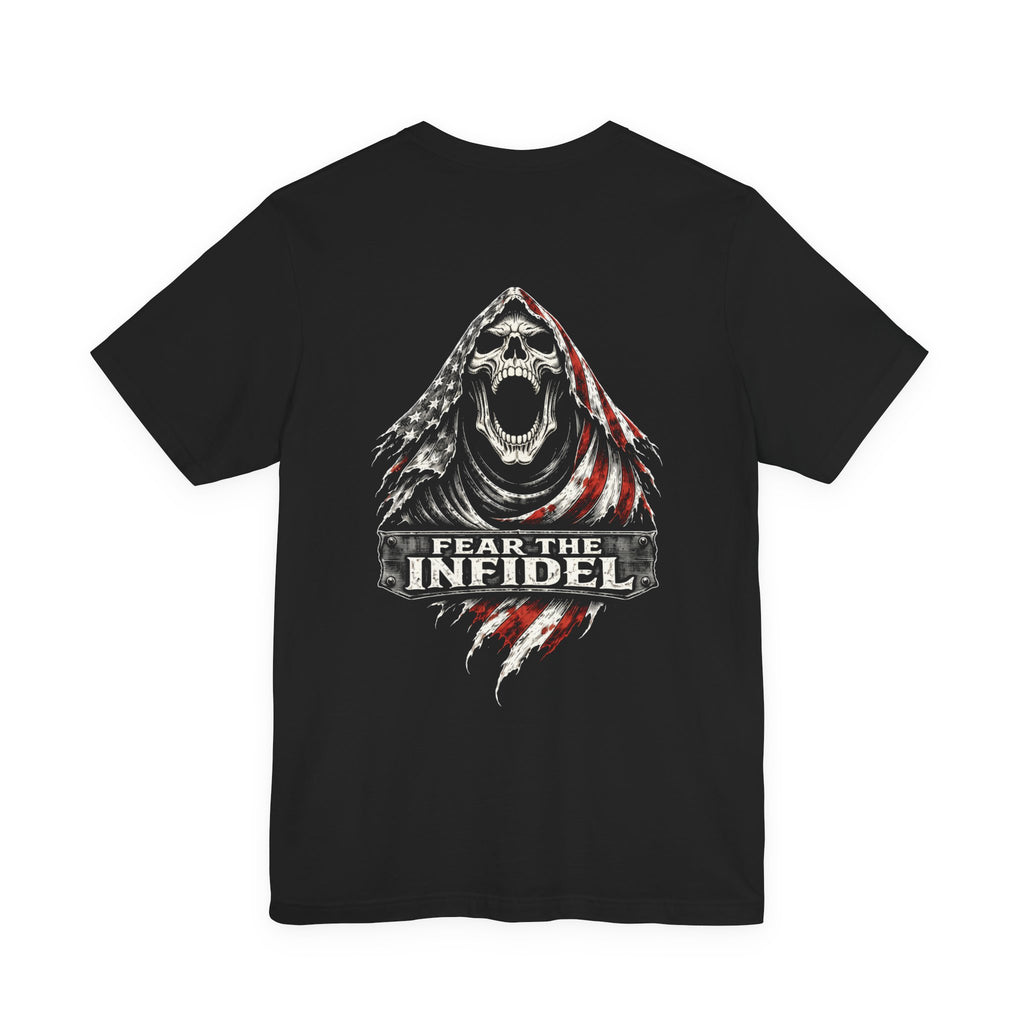 Black Fear the Infidel tee with large back print featuring hooded reaper skull and distressed American flag graphic