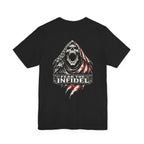 Black Fear the Infidel tee with large back print featuring hooded reaper skull and distressed American flag graphic