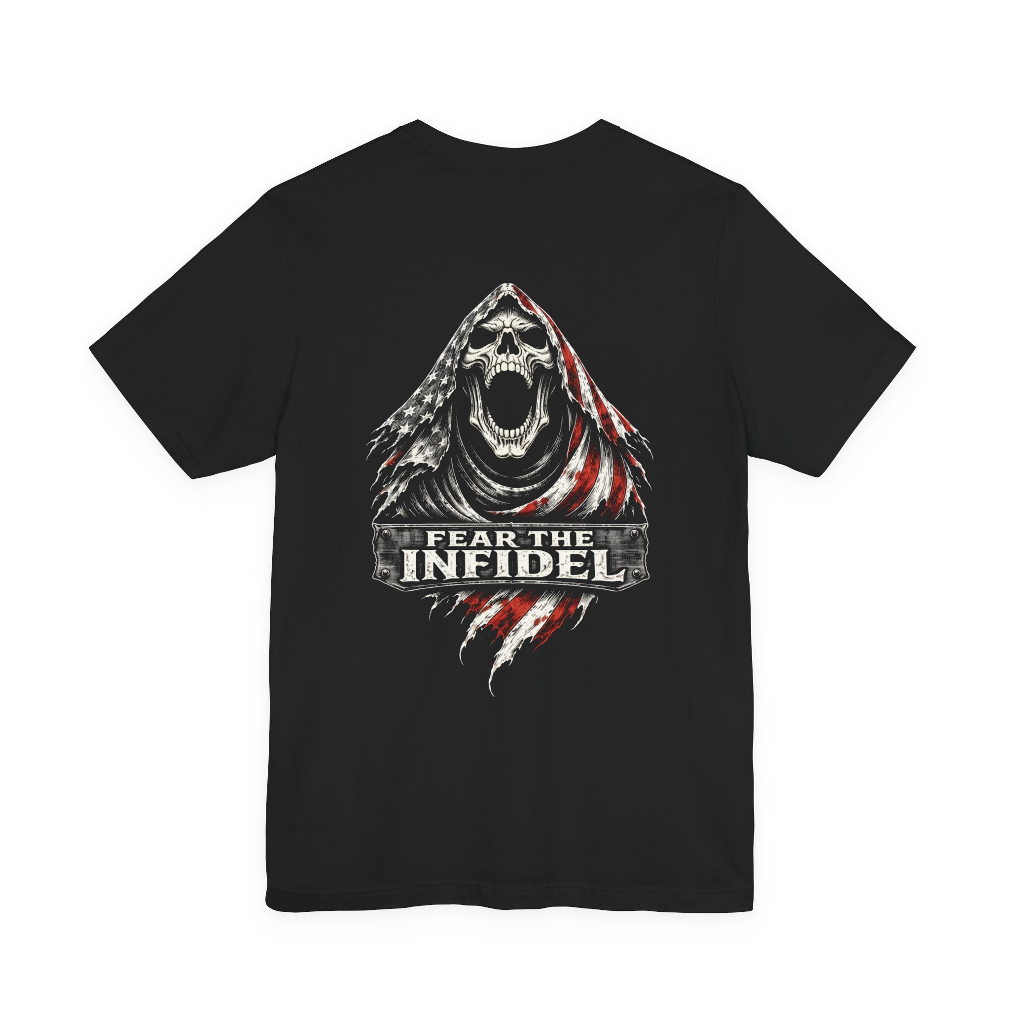 Black Fear the Infidel tee with large back print featuring hooded reaper skull and distressed American flag graphic