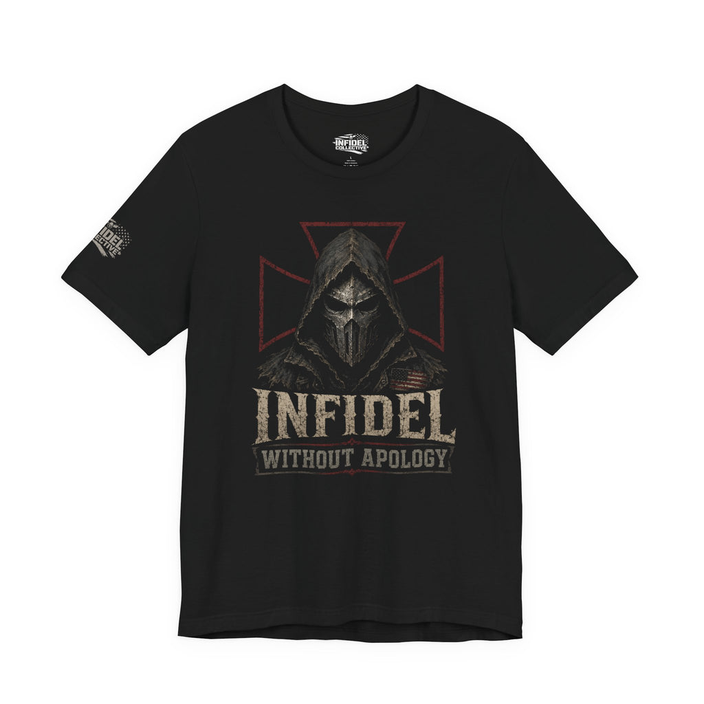 Infidel Without Apology hooded death mask front print black tee from Infidel Collective