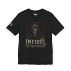 Infidel Without Apology hooded death mask front print black tee from Infidel Collective