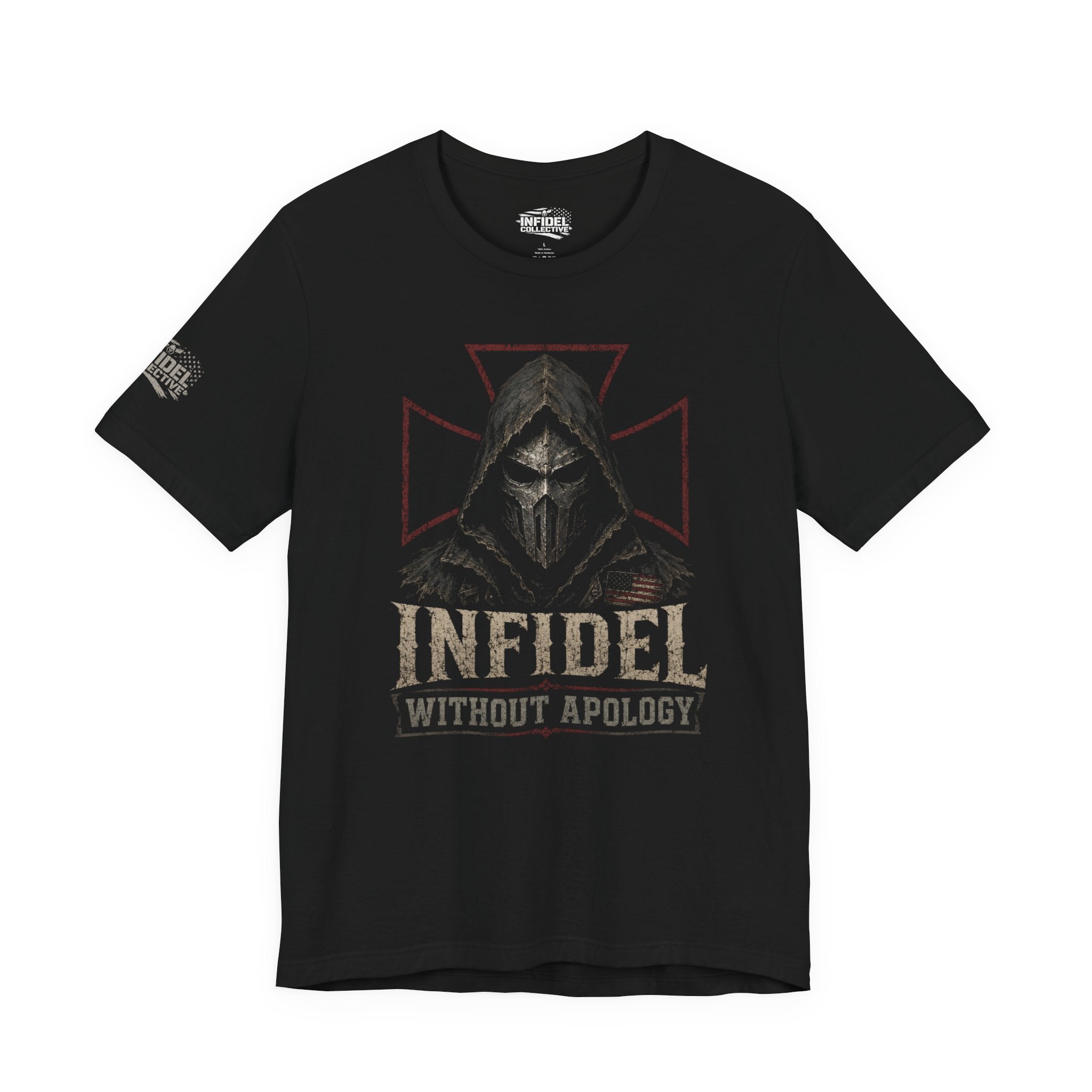 Infidel Without Apology hooded death mask front print black tee from Infidel Collective