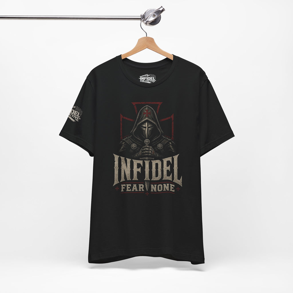 Infidel Fear None hooded knight front print black tee from Infidel Collective
