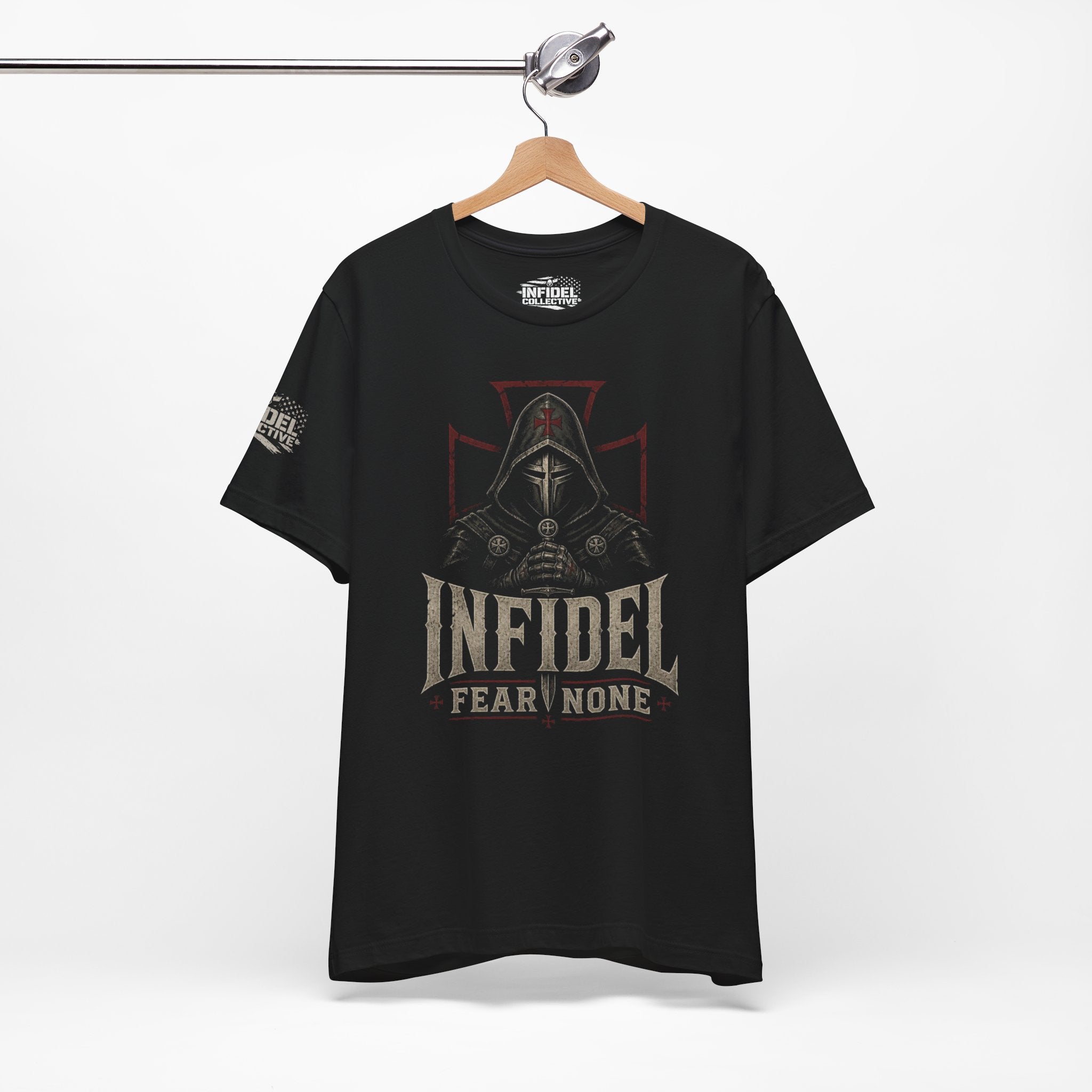 Infidel Fear None hooded knight front print black tee from Infidel Collective
