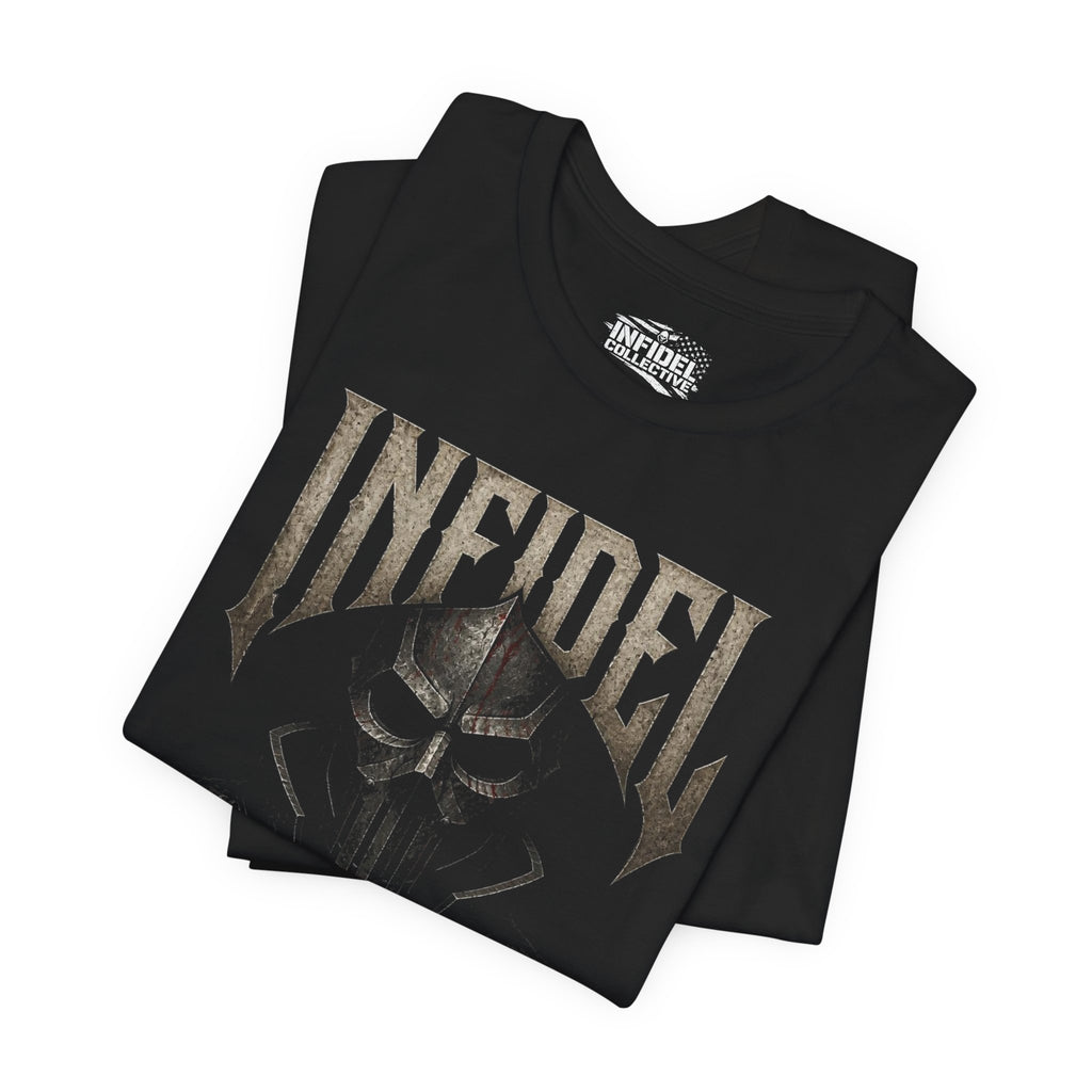 Infidel Not Your Savior death mask front print black tee from Infidel Collective