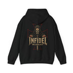 Black hoodie with 'Infidel No Apology' graphic on the back against a white background
