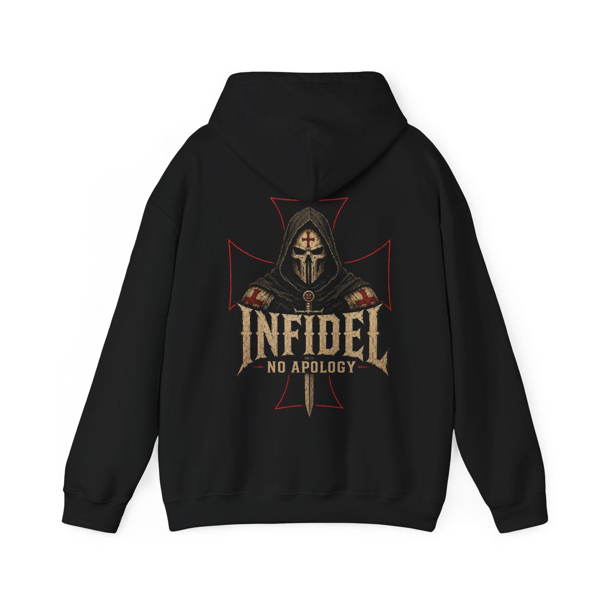 Black hoodie with 'Infidel No Apology' graphic on the back against a white background