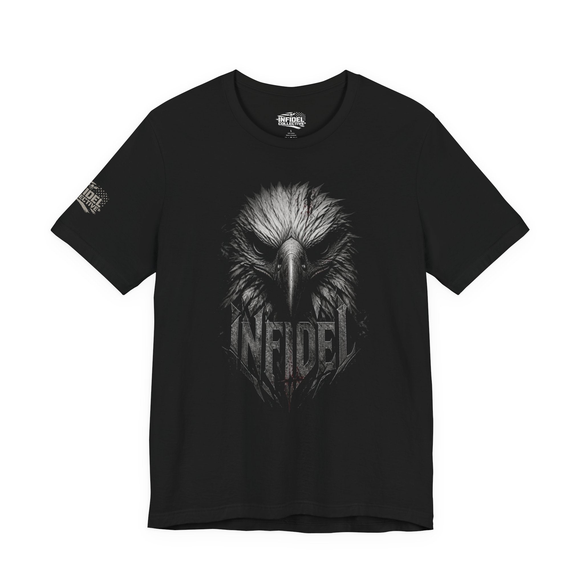 Infidel eagle head front print black tee from Infidel Collective