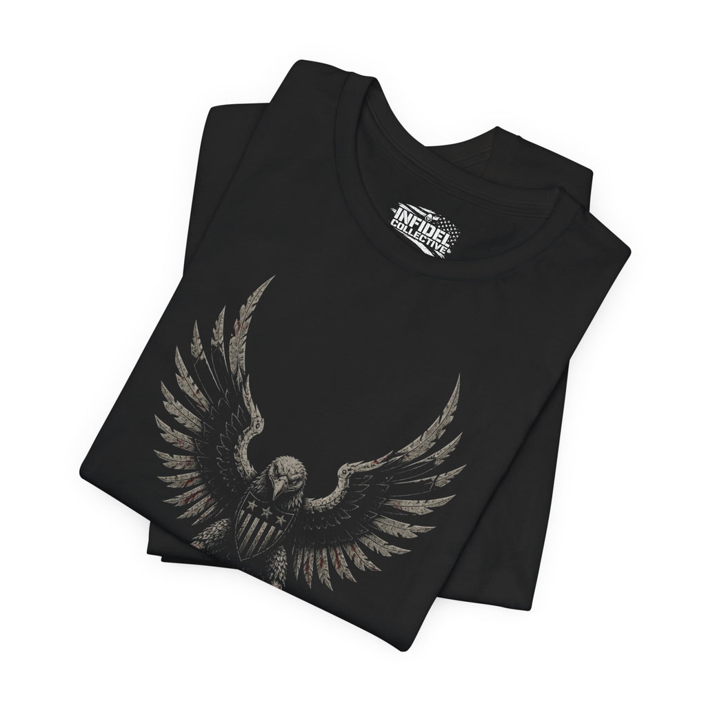 Patriot eagle shield front print black tee from Infidel Collective