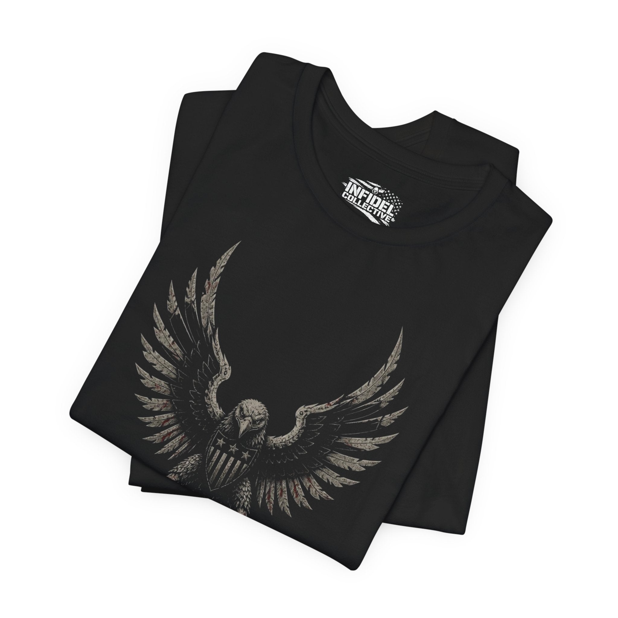 Patriot eagle shield front print black tee from Infidel Collective