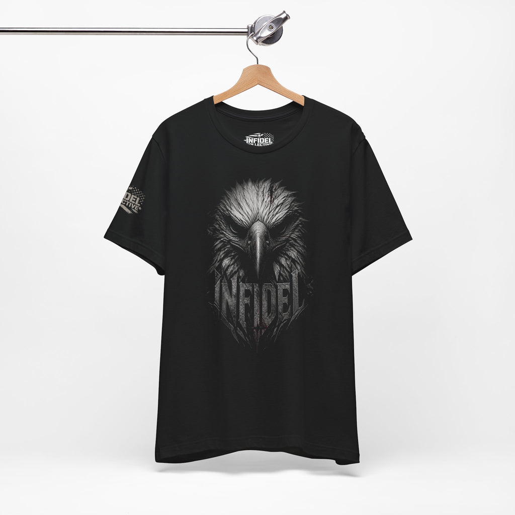 Infidel eagle head front print black tee from Infidel Collective