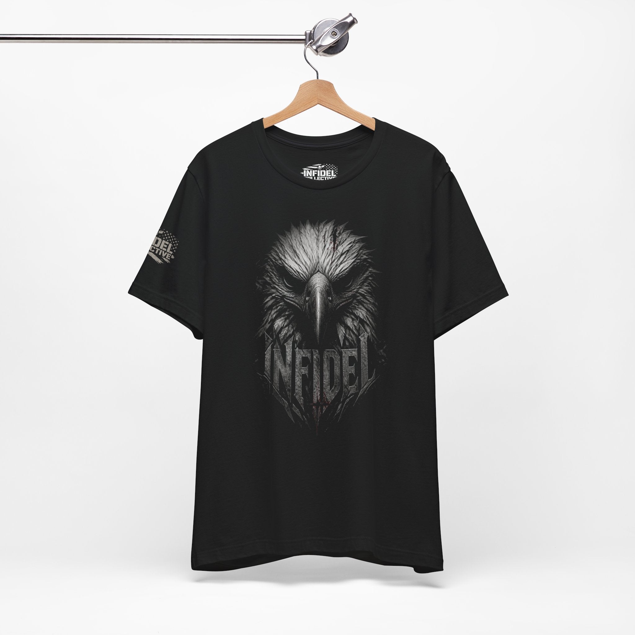 Infidel eagle head front print black tee from Infidel Collective