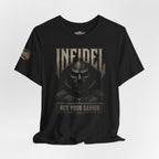 Infidel Not Your Savior death mask front print black tee from Infidel Collective