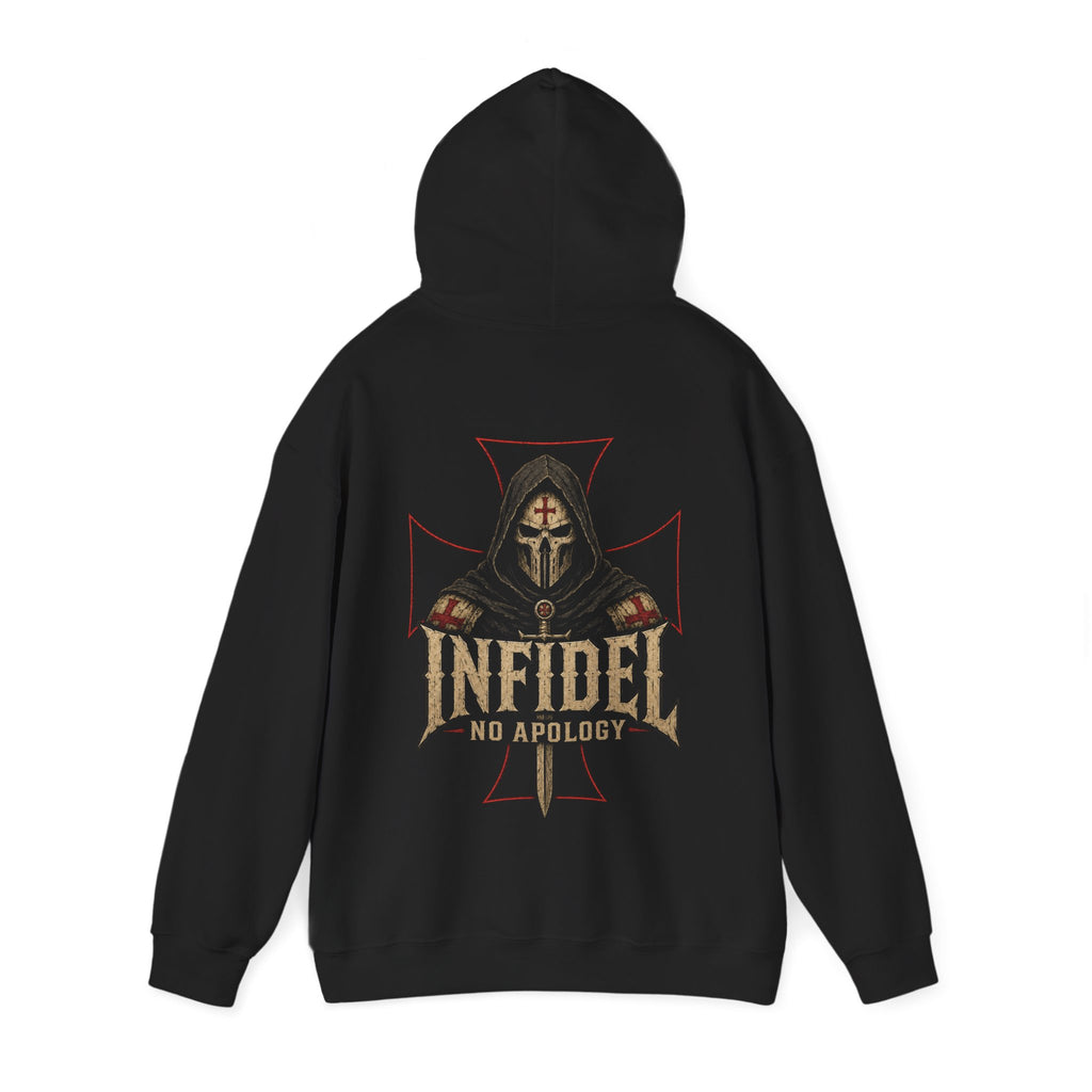 Black hoodie with a graphic and text on the back against a white background