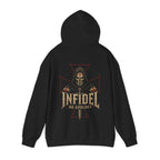 Black hoodie with a graphic and text on the back against a white background