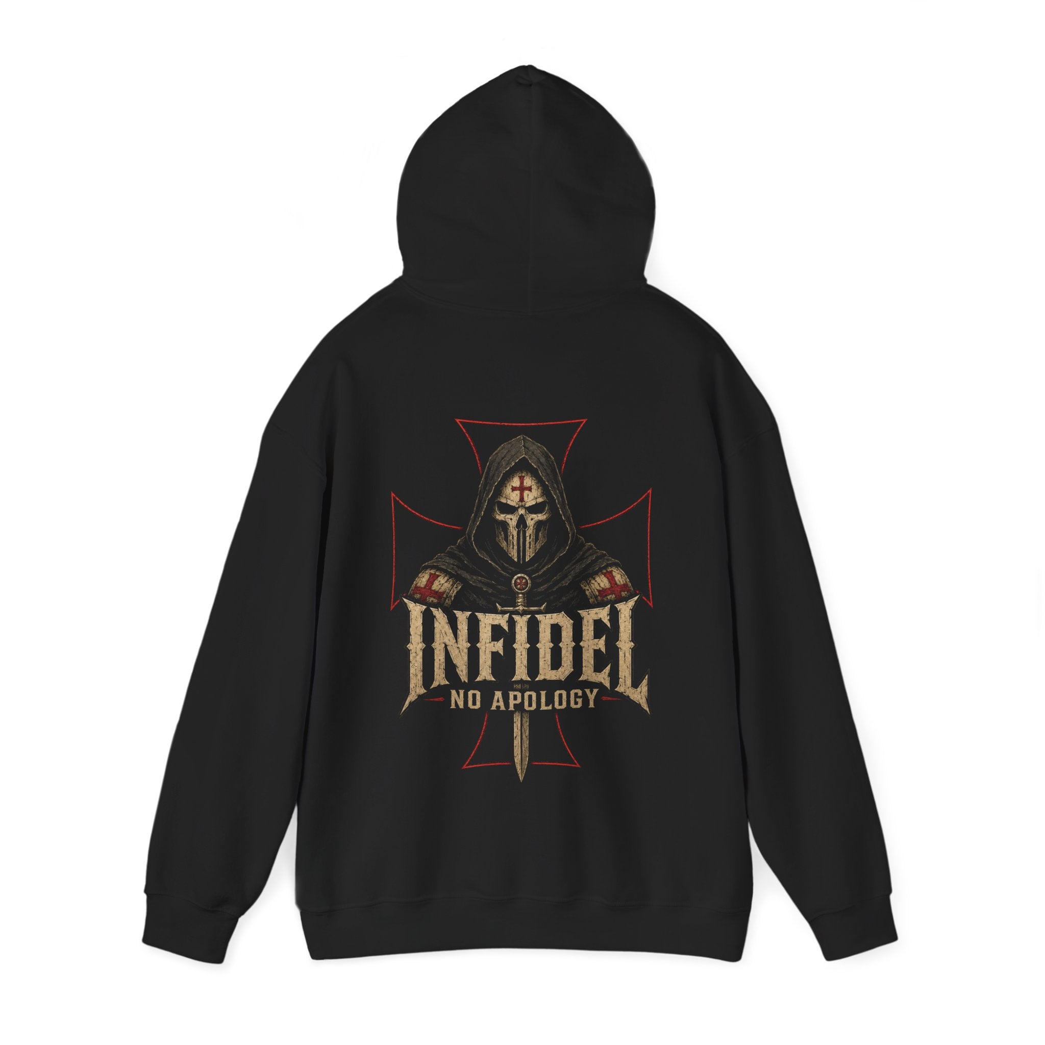 Black hoodie with a graphic and text on the back against a white background