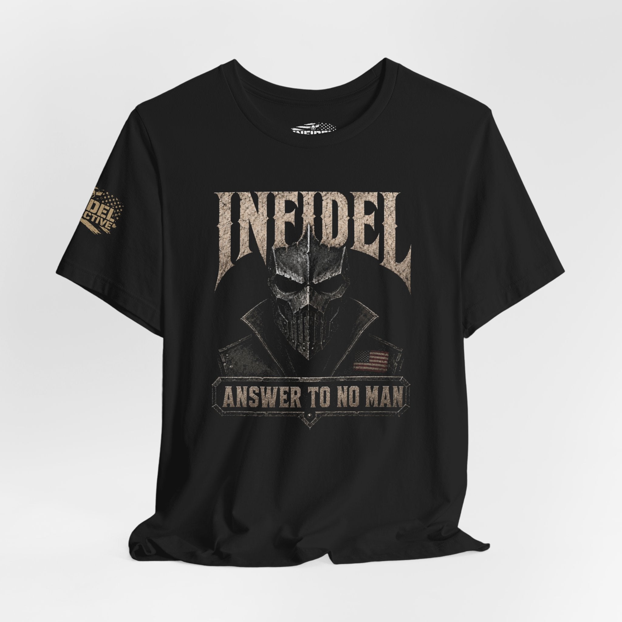 Infidel Answer to No Man death mask front print black tee from Infidel Collective