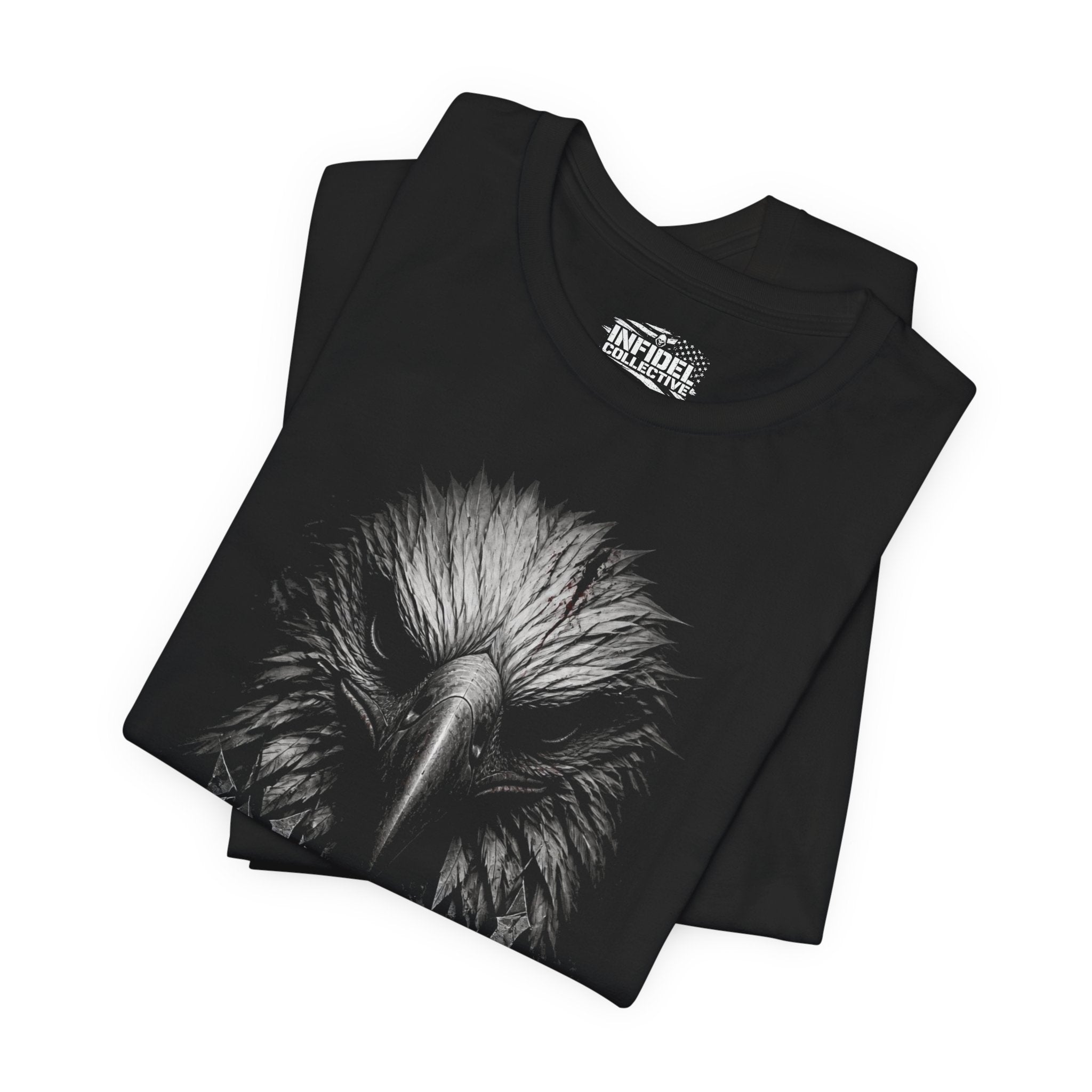Infidel eagle head front print black tee from Infidel Collective