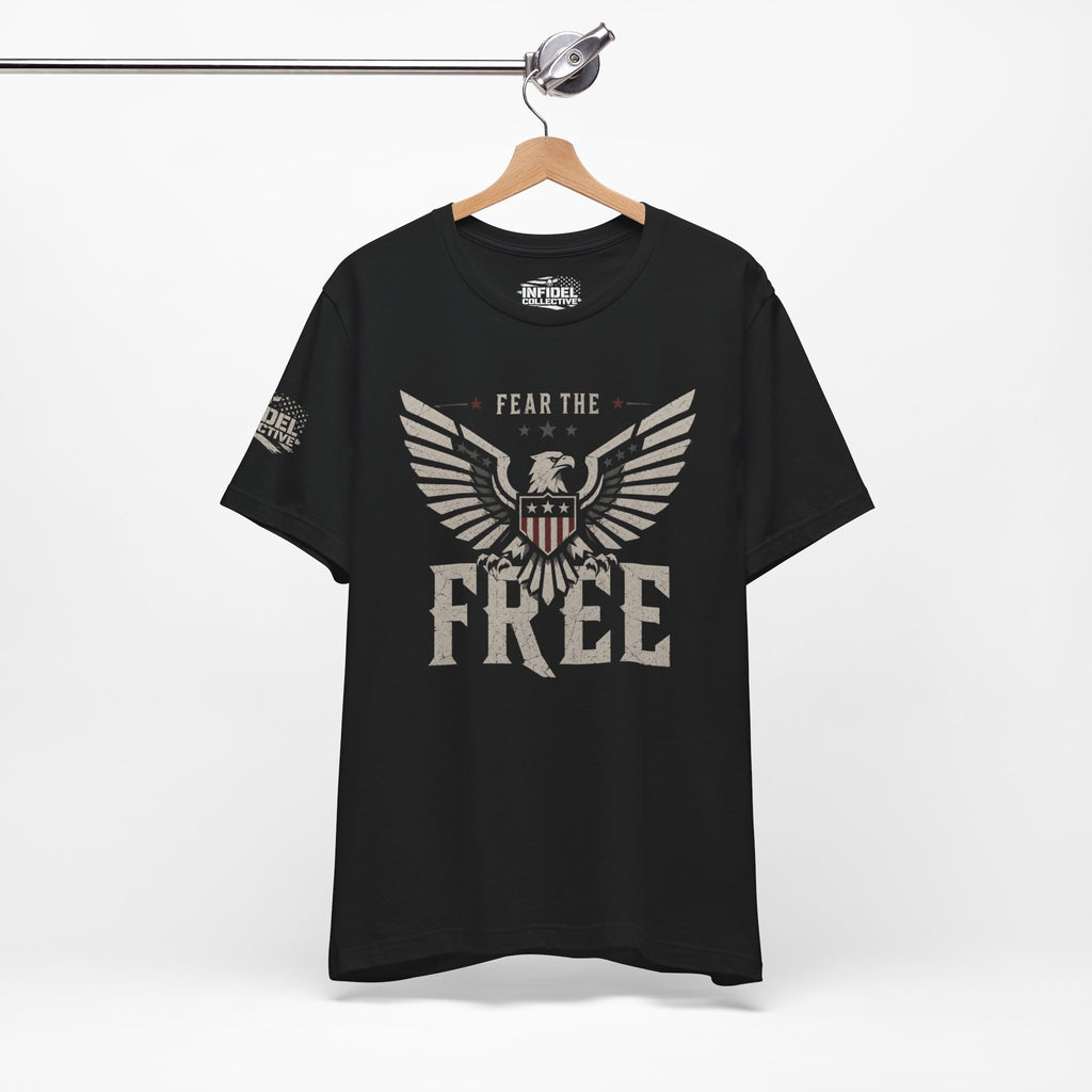 Black t-shirt with eagle graphic and 'Fear the Free' text on an American flag background