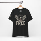 Black t-shirt with eagle graphic and 'Fear the Free' text on an American flag background