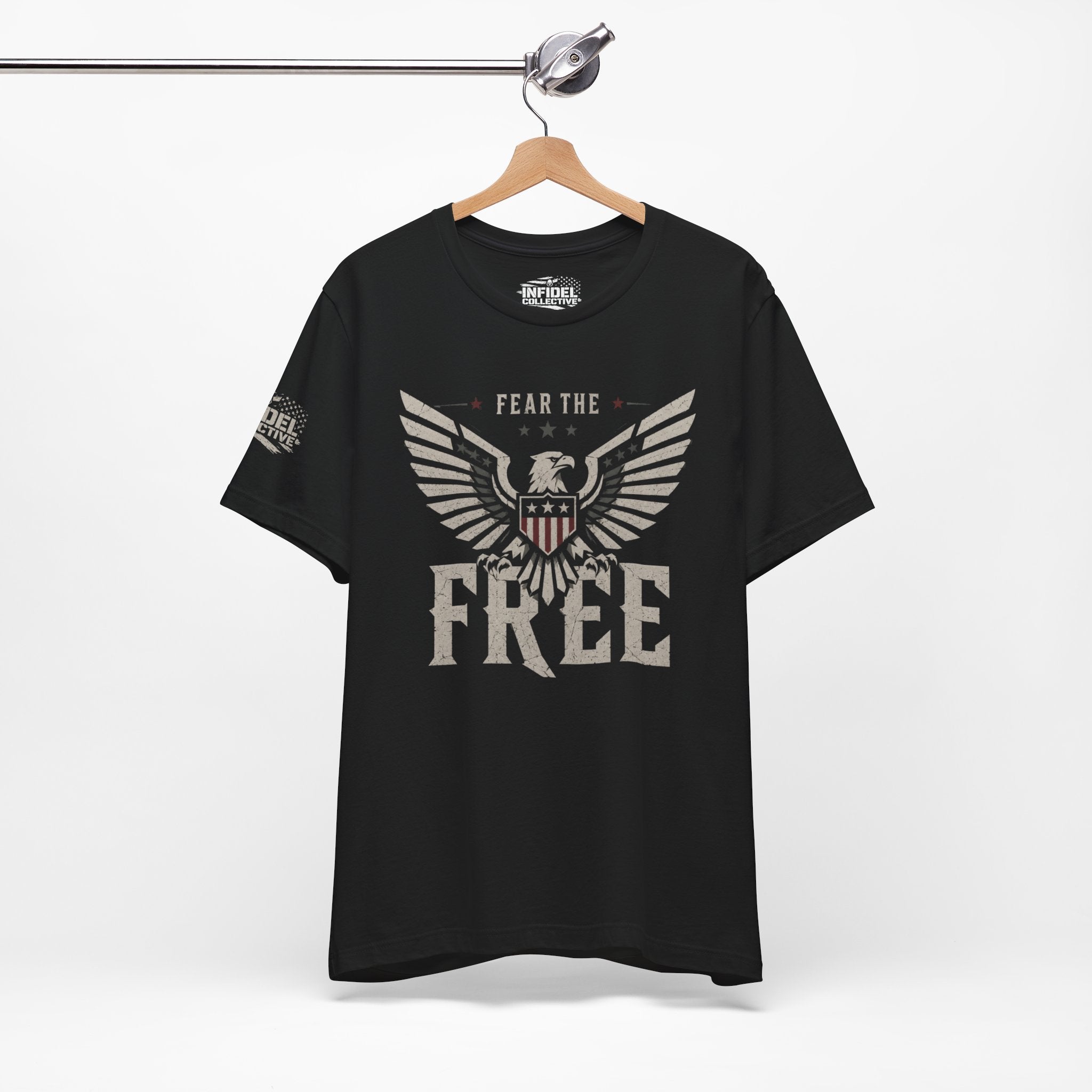 Black t-shirt with eagle graphic and 'Fear the Free' text on an American flag background
