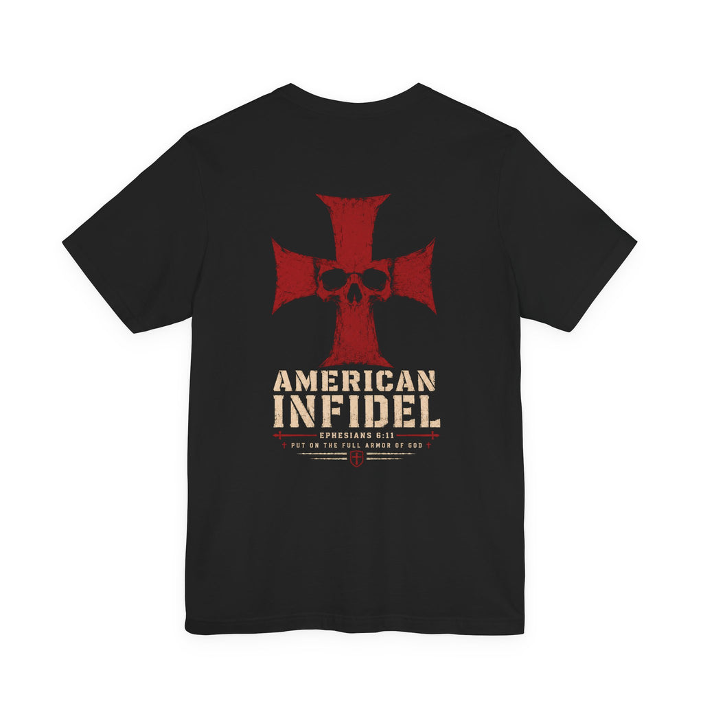 Full Armor American Infidel crimson cross back print black tee from Infidel Collective