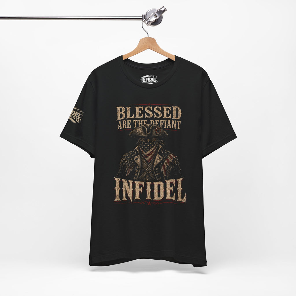 Blessed Are the Defiant Infidel front graphic black tee from Infidel Collective