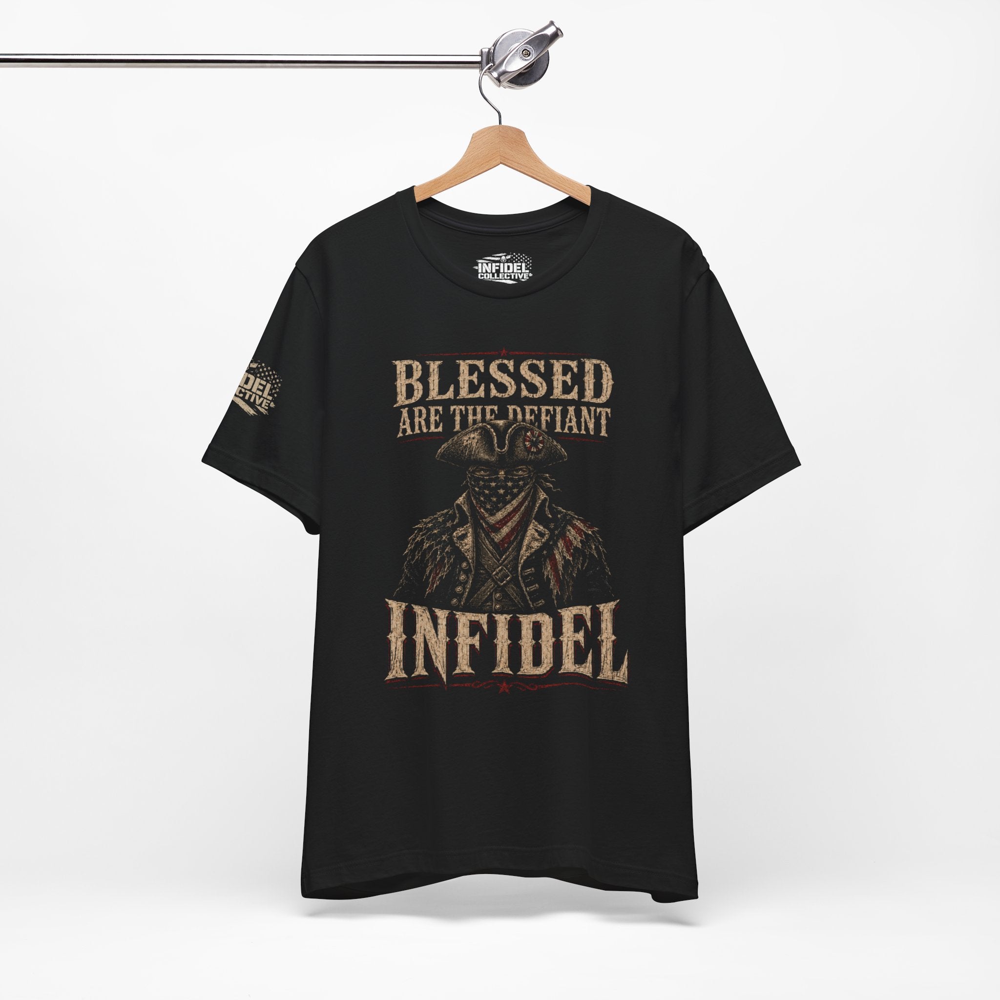 Blessed Are the Defiant Infidel front graphic black tee from Infidel Collective