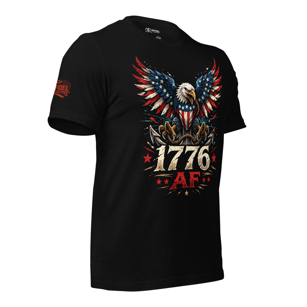 Black front print t-shirt featuring patriotic bald eagle with American flag wings and 1776 AF text