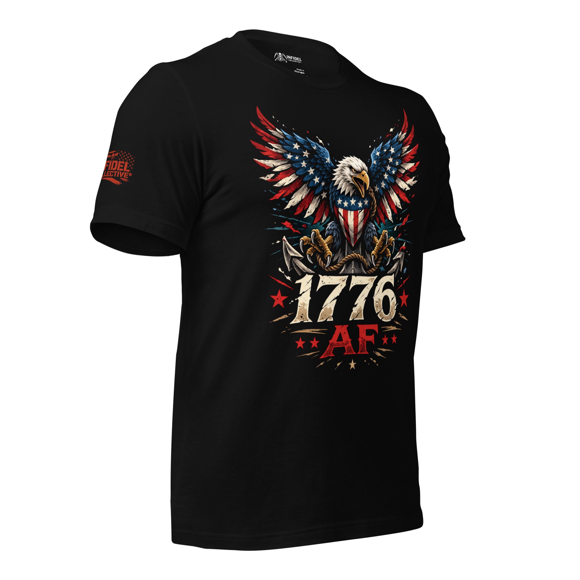 Black front print t-shirt featuring patriotic bald eagle with American flag wings and 1776 AF text