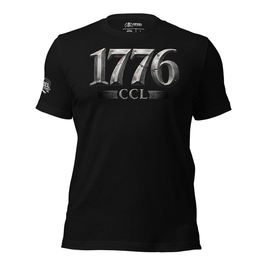 1776 CCL front print tee with metallic steel-style 1776 and CCL text graphic on black shirt
