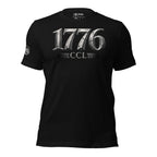 1776 CCL front print tee with metallic steel-style 1776 and CCL text graphic on black shirt