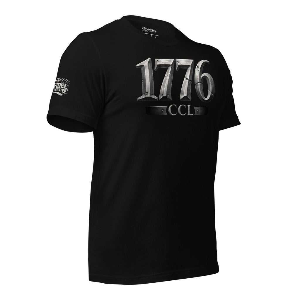 1776 CCL front print tee with metallic steel-style 1776 and CCL text graphic on black shirt