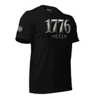 1776 CCL front print tee with metallic steel-style 1776 and CCL text graphic on black shirt