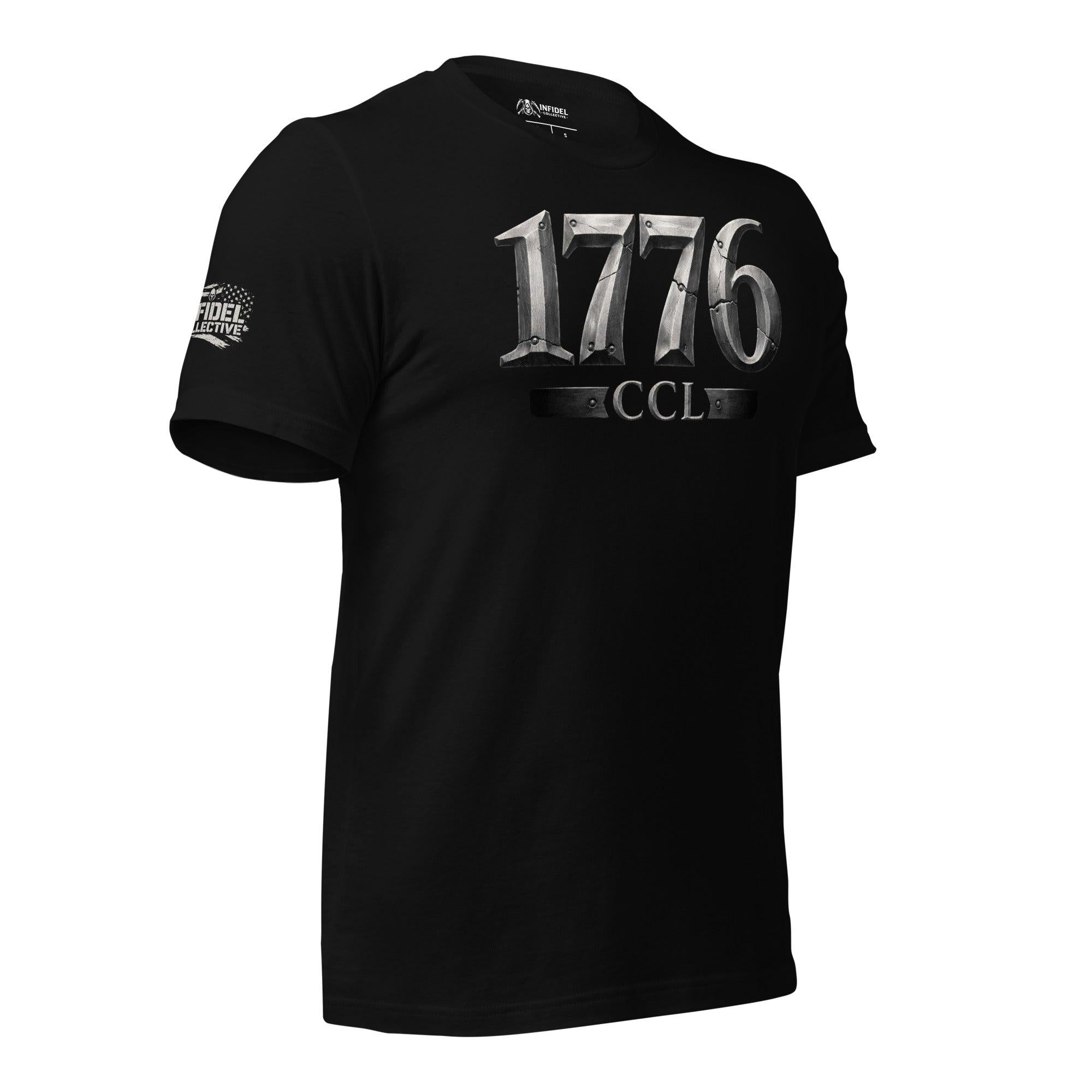 1776 CCL front print tee with metallic steel-style 1776 and CCL text graphic on black shirt