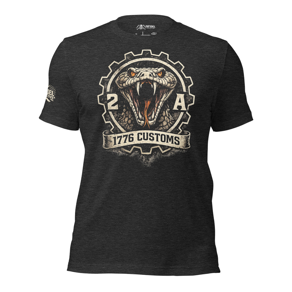 1776 Customs rattlesnake graphic dark heather tee from Infidel Collective