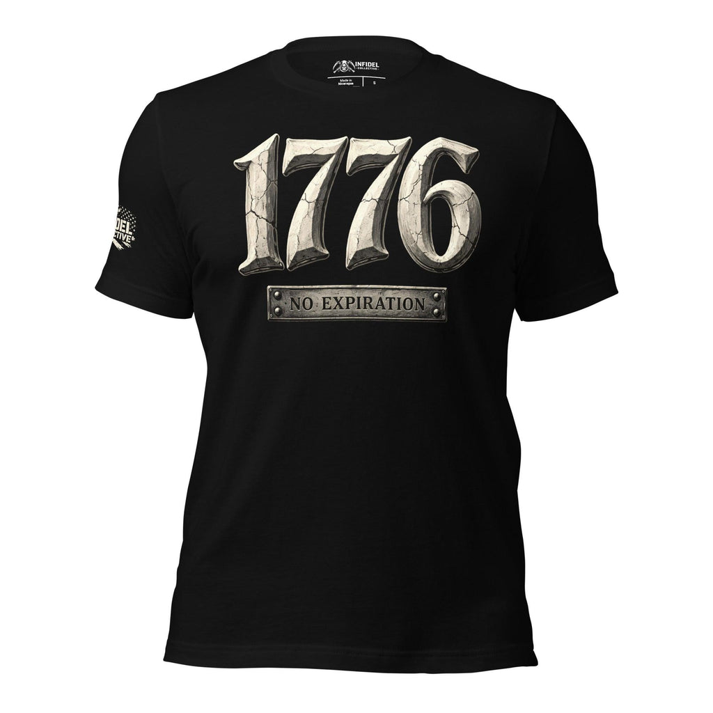 1776 No Expiration front print tee with distressed stone-style 1776 graphic and metal plaque text on black shirt