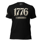 1776 No Expiration front print tee with distressed stone-style 1776 graphic and metal plaque text on black shirt
