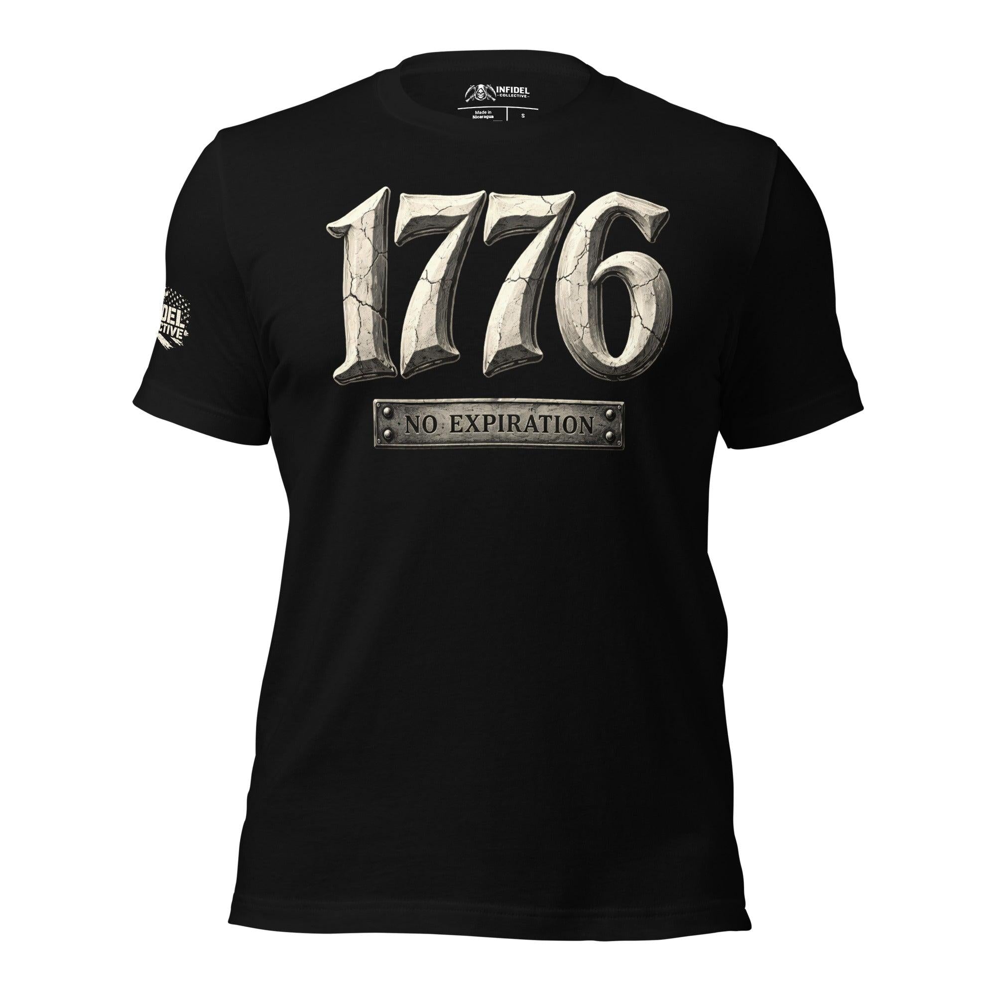 1776 No Expiration front print tee with distressed stone-style 1776 graphic and metal plaque text on black shirt