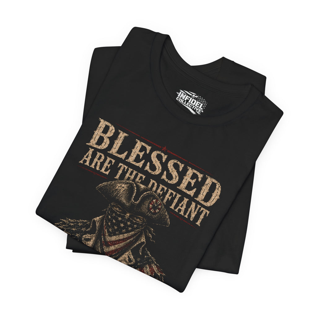 Blessed Are the Defiant Infidel front graphic black tee from Infidel Collective