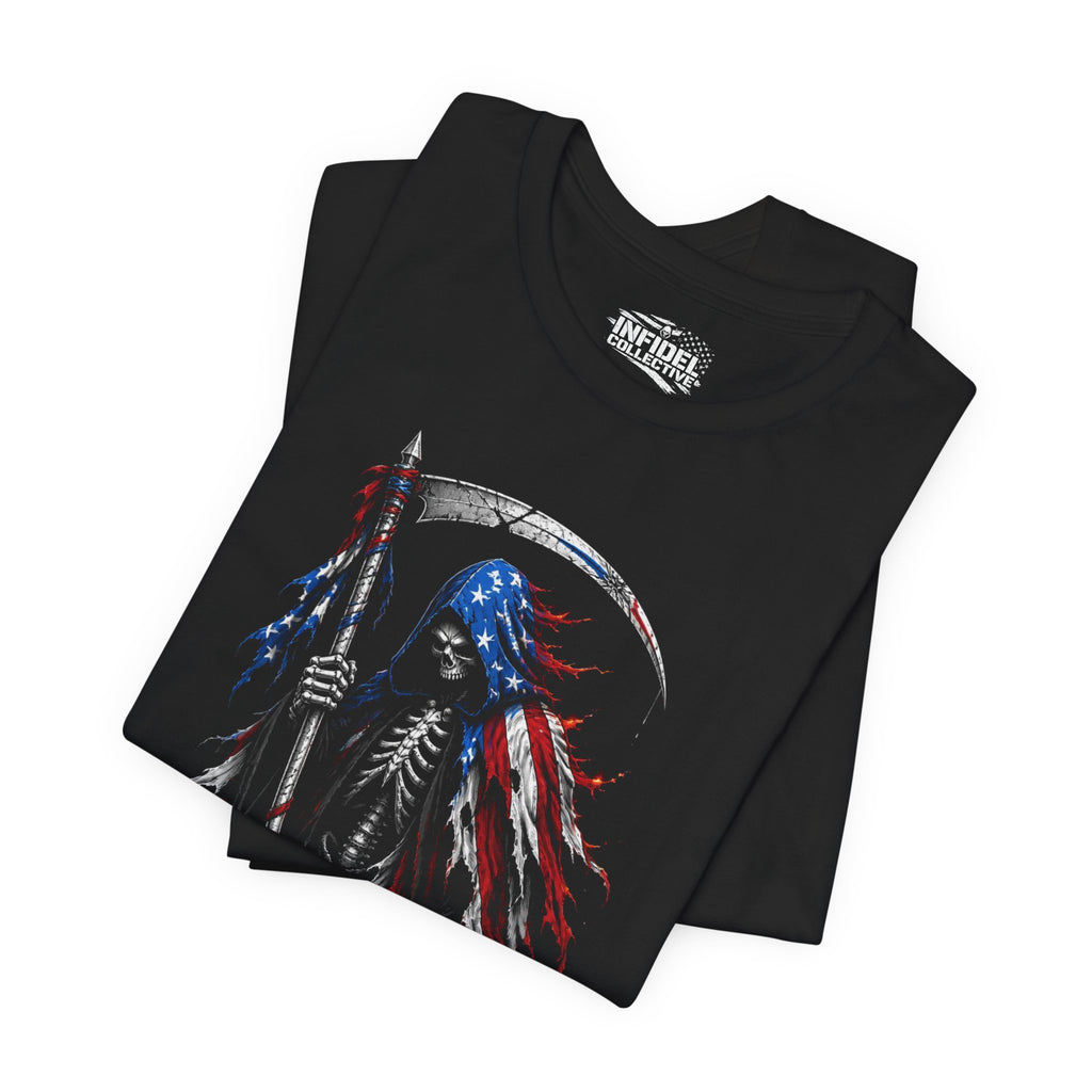 Black t-shirt with 'American Infidel' design featuring a skeleton holding an American flag against an American flag background.