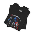 Black t-shirt with 'American Infidel' design featuring a skeleton holding an American flag against an American flag background.