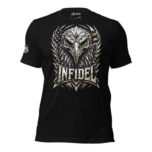 Front view of black tee featuring Infidel bald eagle with layered steel feathers design