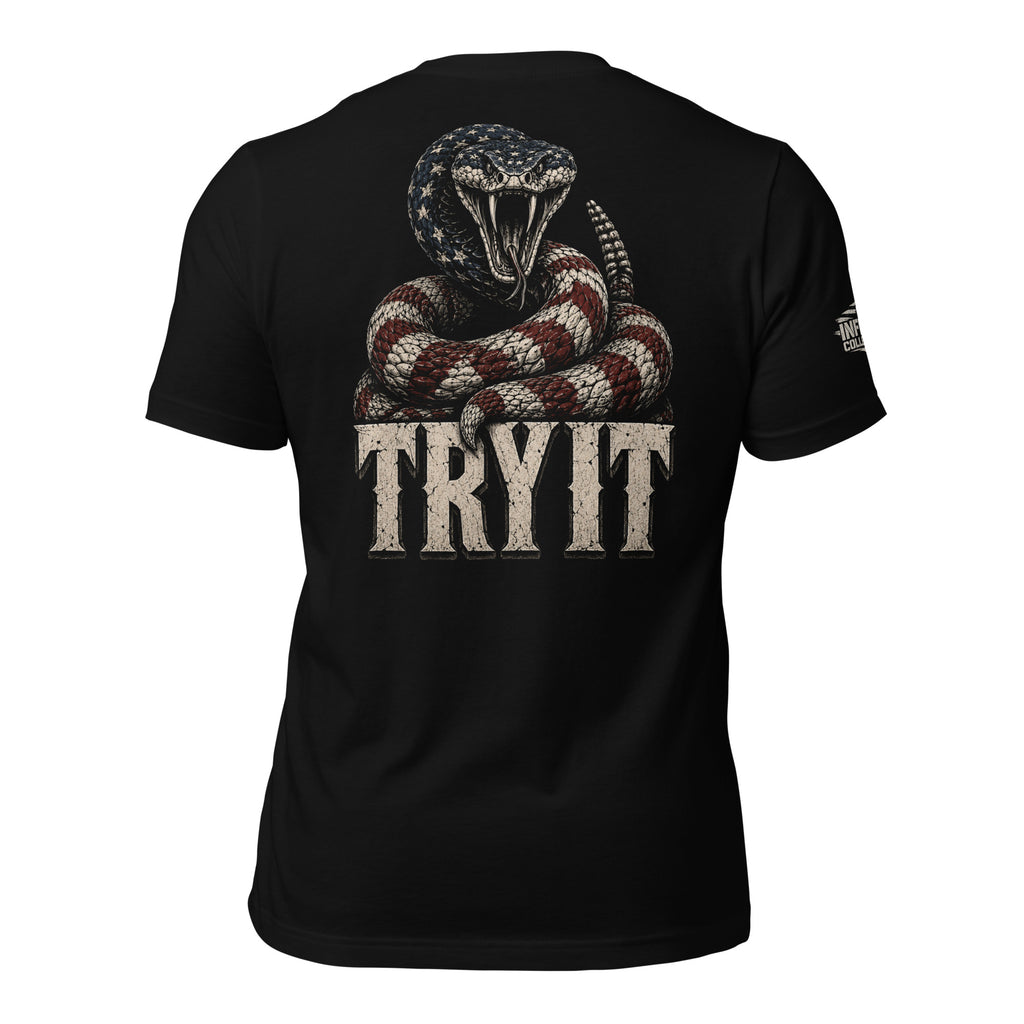 2A Try It rattlesnake back print black tee from Infidel Collective