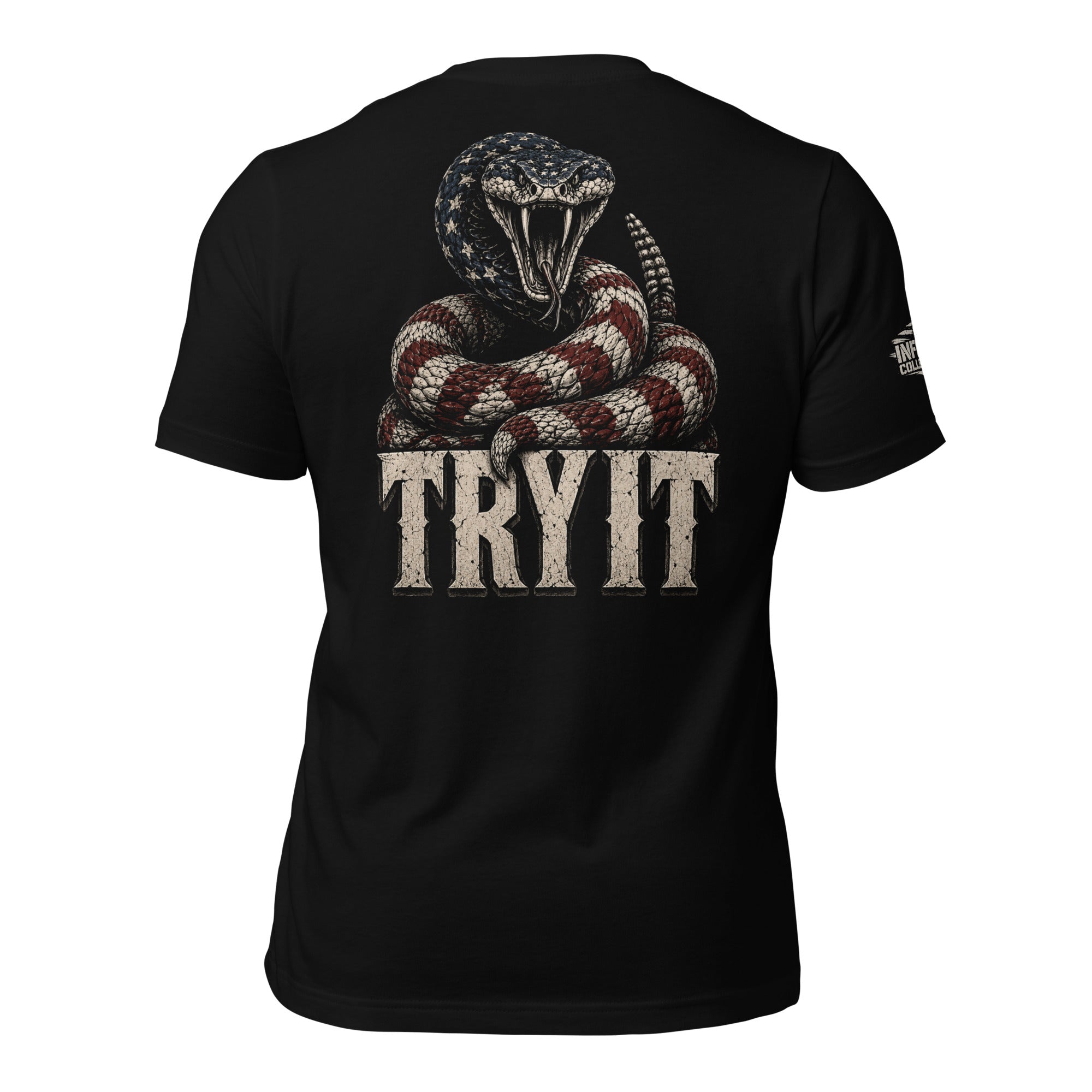 2A Try It rattlesnake back print black tee from Infidel Collective
