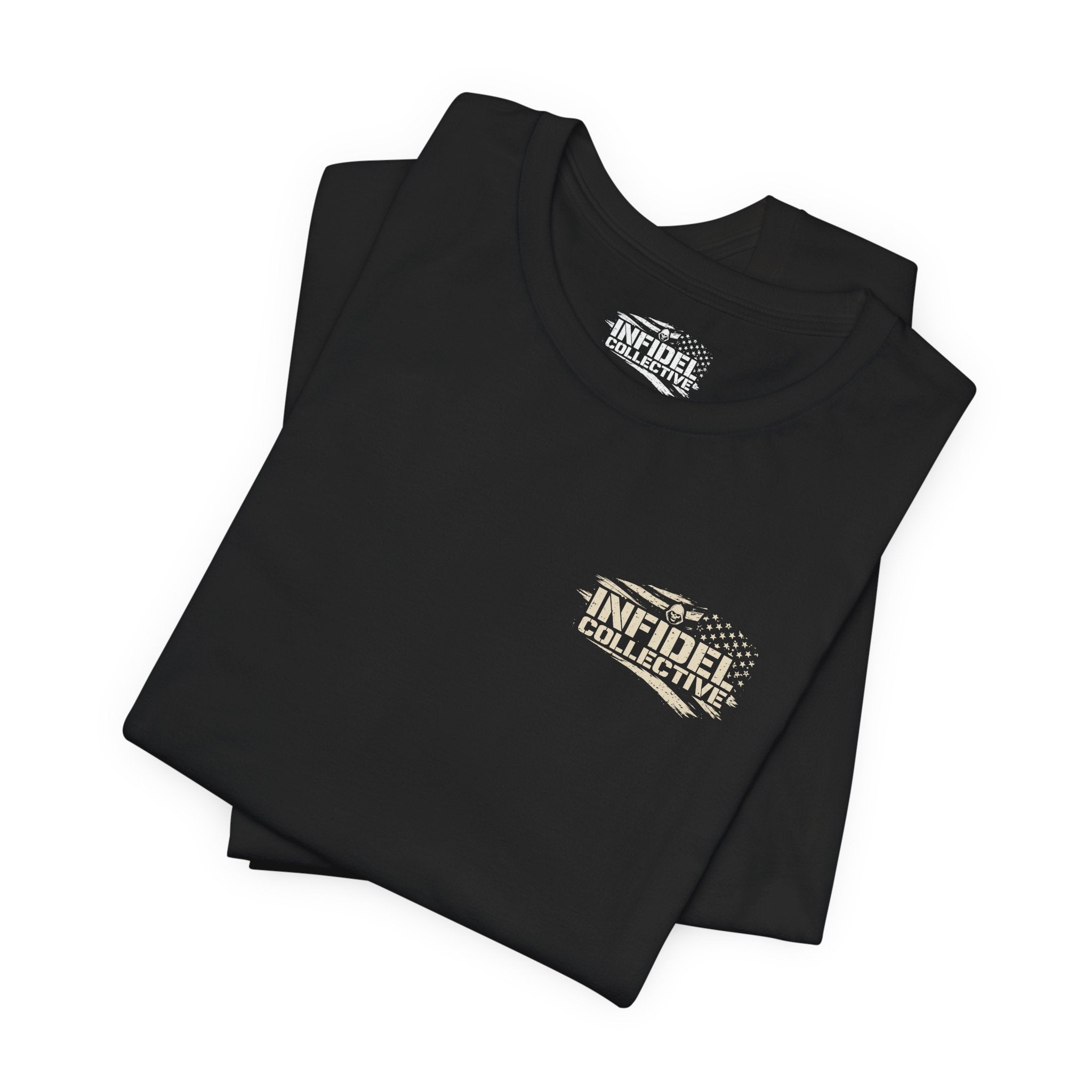 Full Armor American Infidel crimson cross back print black tee from Infidel Collective