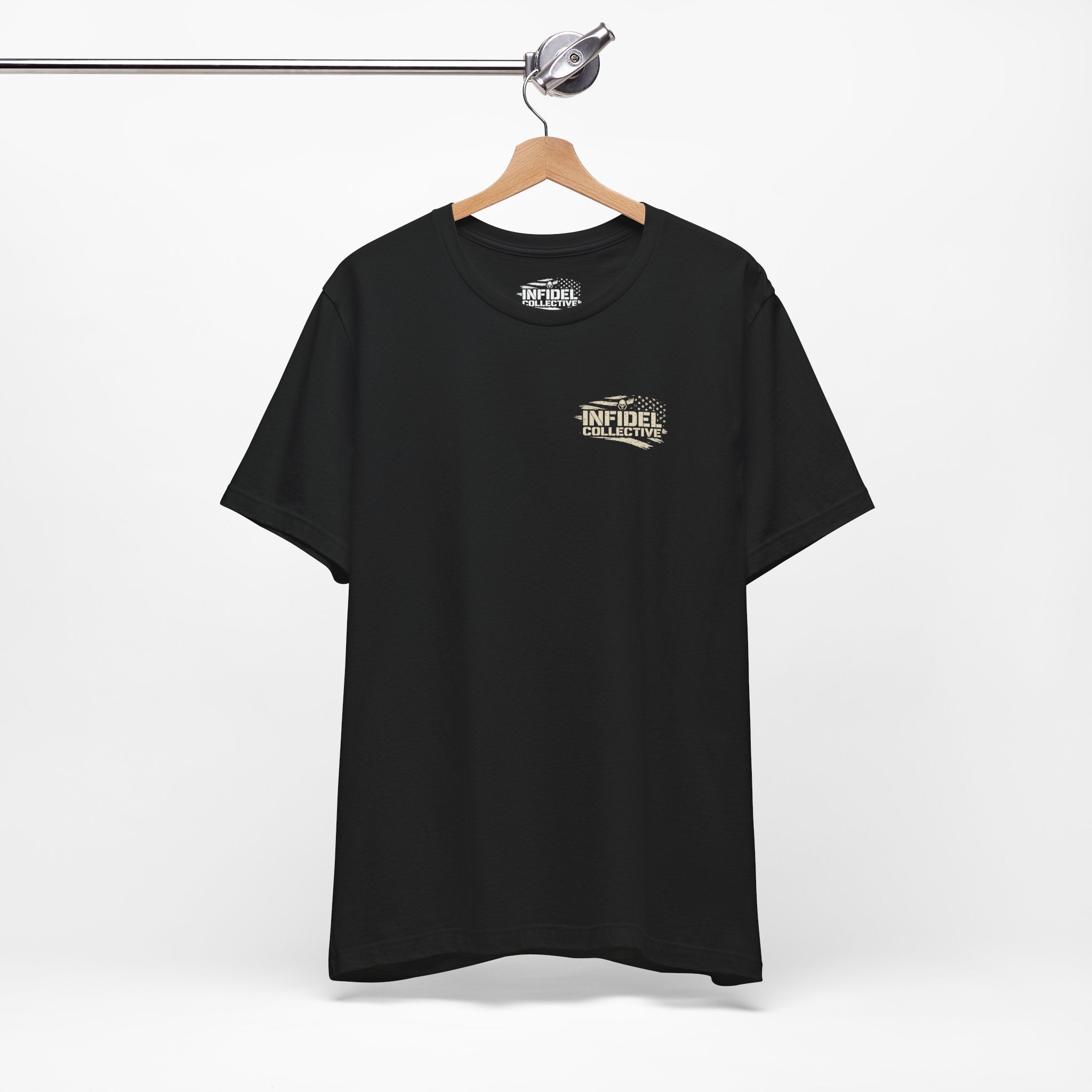 Full Armor American Infidel crimson cross back print black tee from Infidel Collective