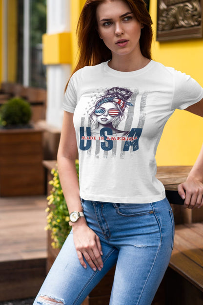 T-Shirt  Fourth of July T-Shirt: Patriotic Babe USA Flag Graphic Tee in White Infidel Collective