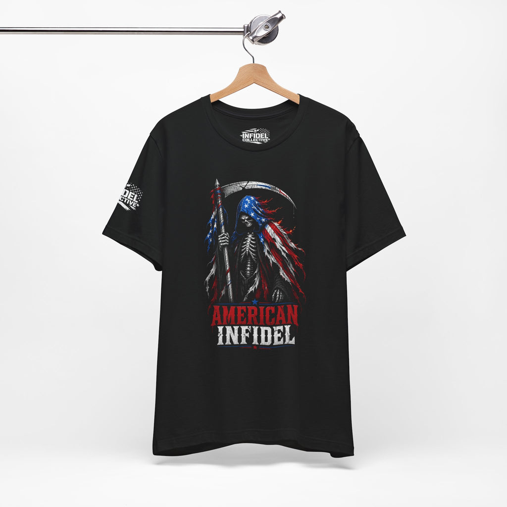 Black t-shirt with 'American Infidel' design featuring a skeleton holding an American flag against an American flag background.