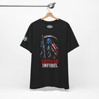 Black t-shirt with 'American Infidel' design featuring a skeleton holding an American flag against an American flag background.